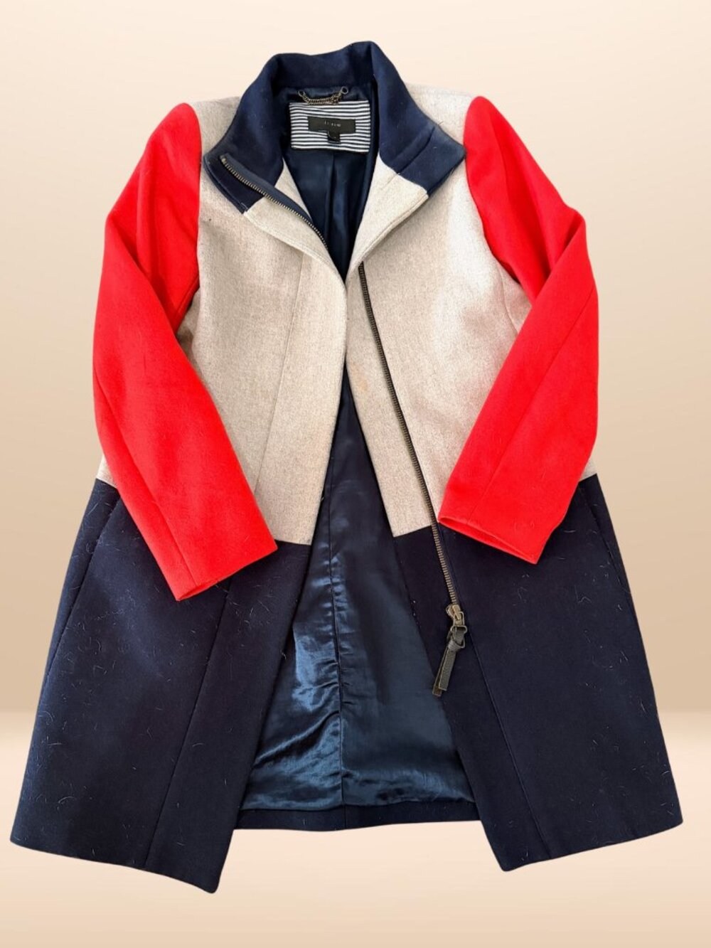 J.Crew Colorblock Wool Blend Coat Size 4 – Navy Red Gray Zip Front